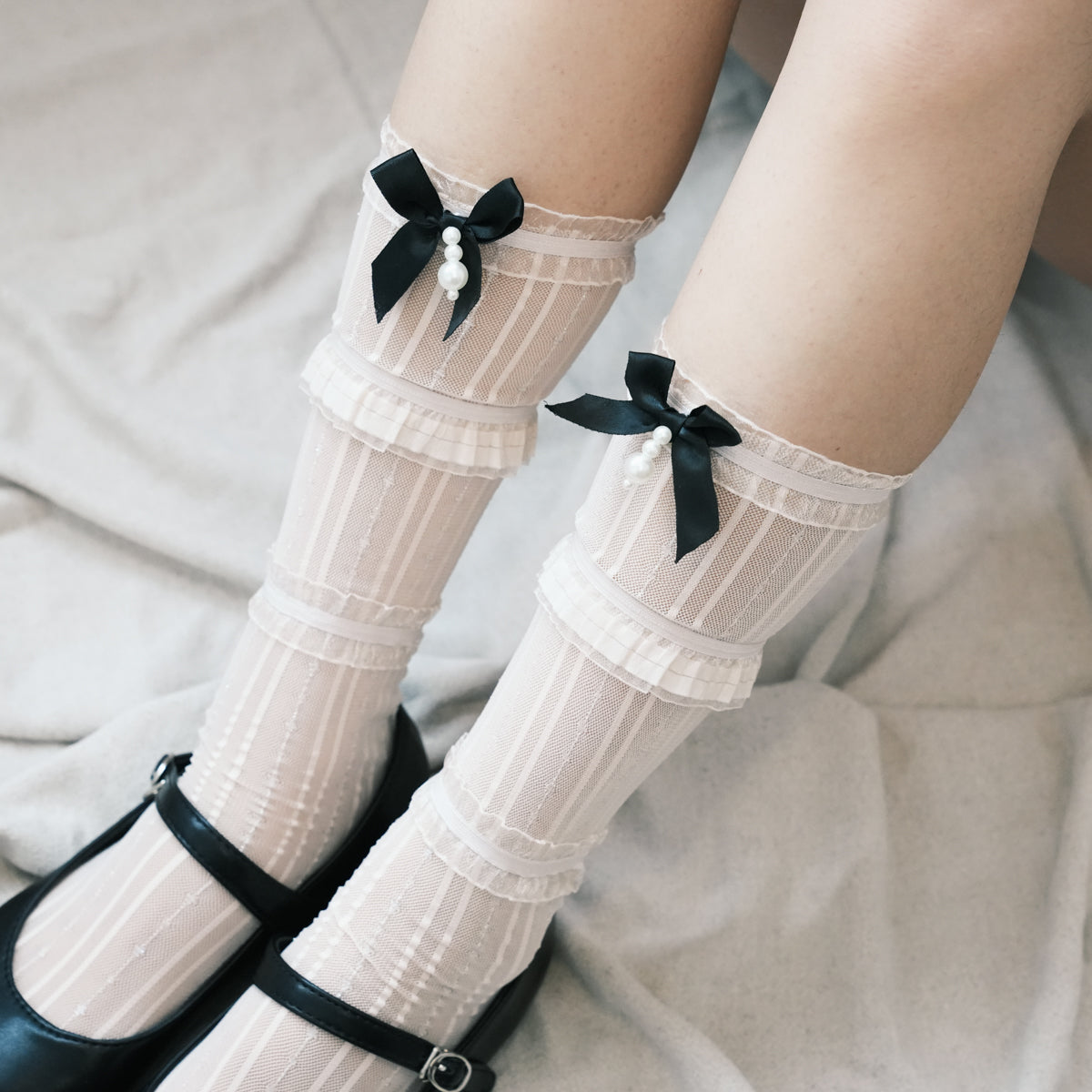 Lace Butterfly Pearl Sheer Socks