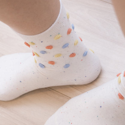 Polka Dot Yarn Mid-Calf Creamy White Cotton Socks