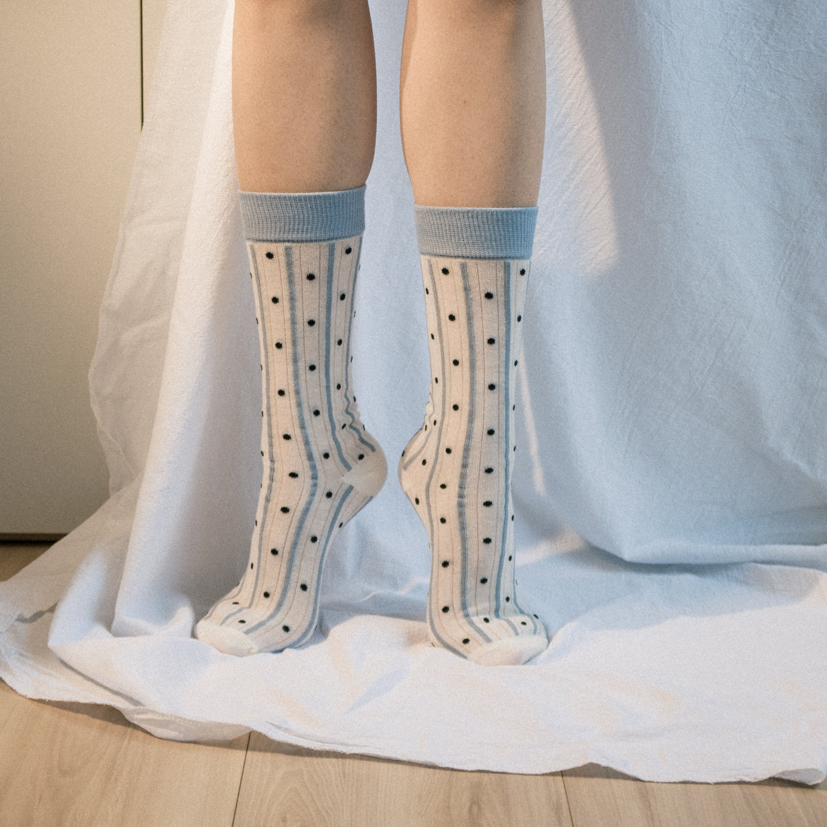 Polka Dot Sheer Bow Blue High-Crew Socks