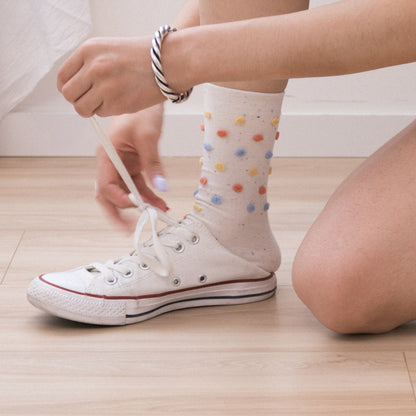 Polka Dot Yarn Mid-Calf Creamy White Cotton Socks