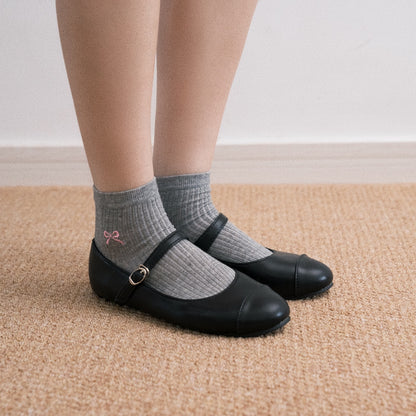 Sheer Vertical Stripe Bow Grey Crew Socks