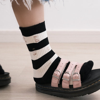 Striped Cotton Black &amp; White Crew Socks