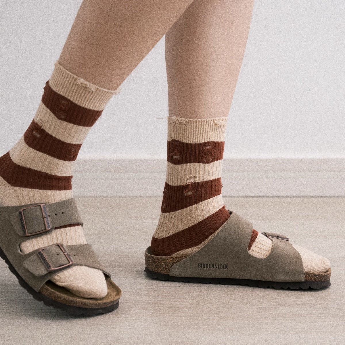 Striped Cotton Brown &amp; White Crew Socks