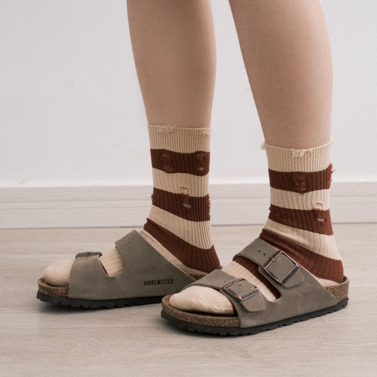 Striped Cotton Brown &amp; White Crew Socks