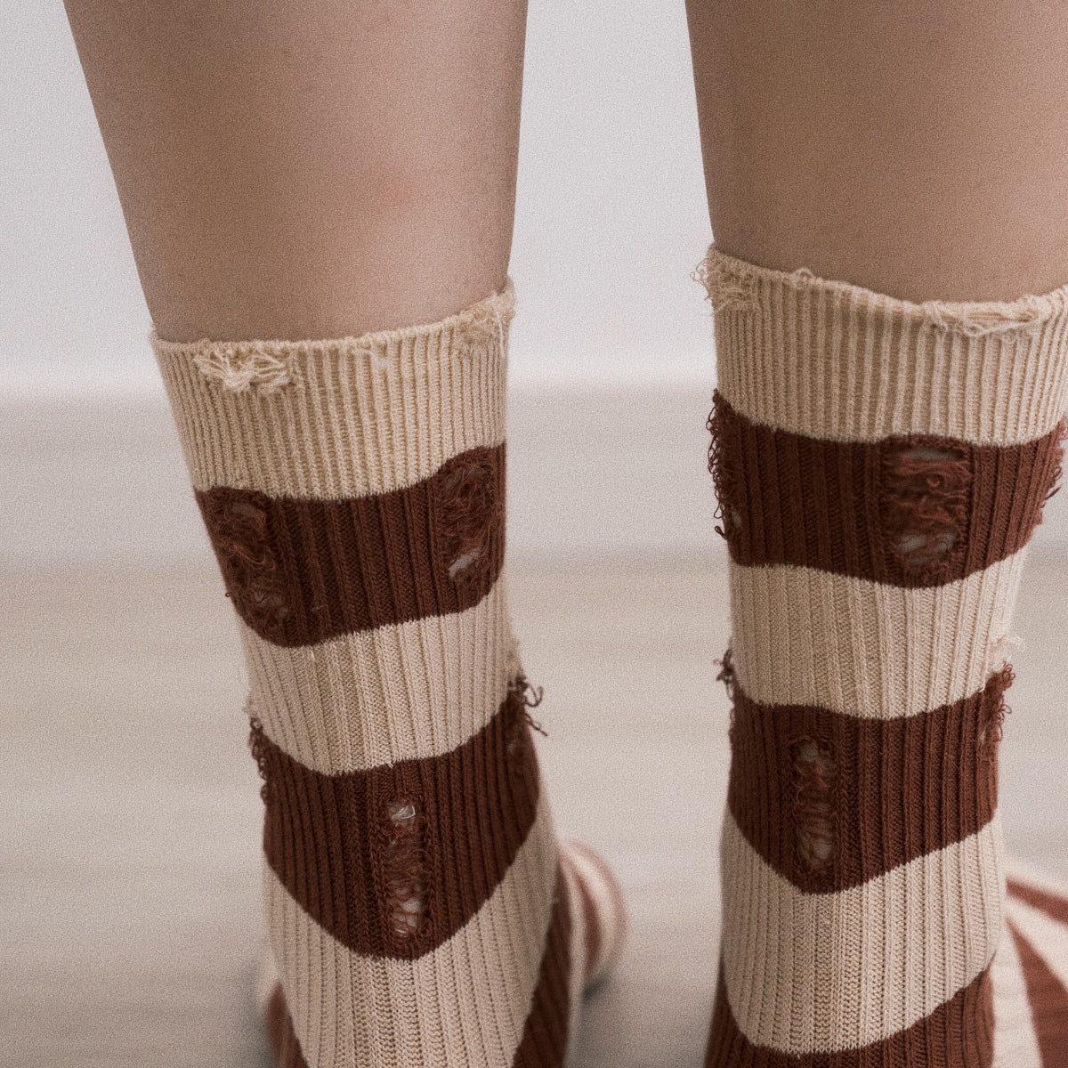 Striped Cotton Brown &amp; White Crew Socks