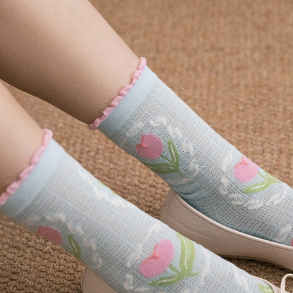 Blue Tulip Lace Hollow-Out Mid-Calf Socks