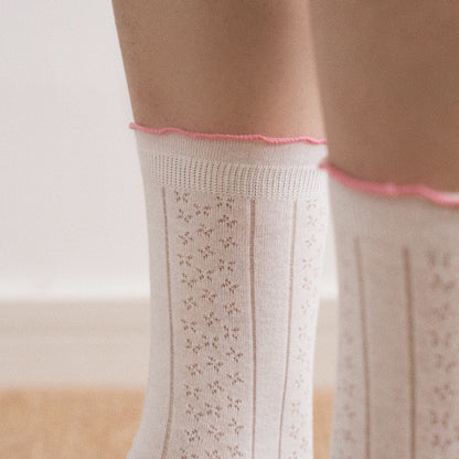 Pink Layer Lace Hollow-Out Mid-Calf Socks